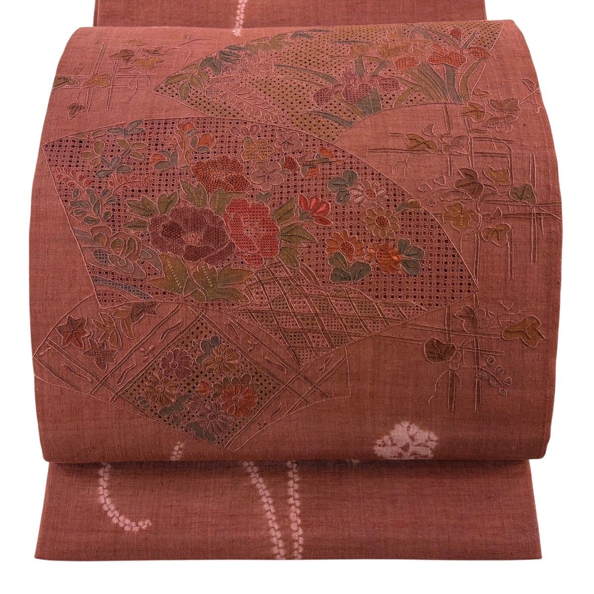 【美品】 袋帯 秀品 紬地 扇面 草花 刺繍 絞り 茶色 お太鼓柄 正絹 【中古】