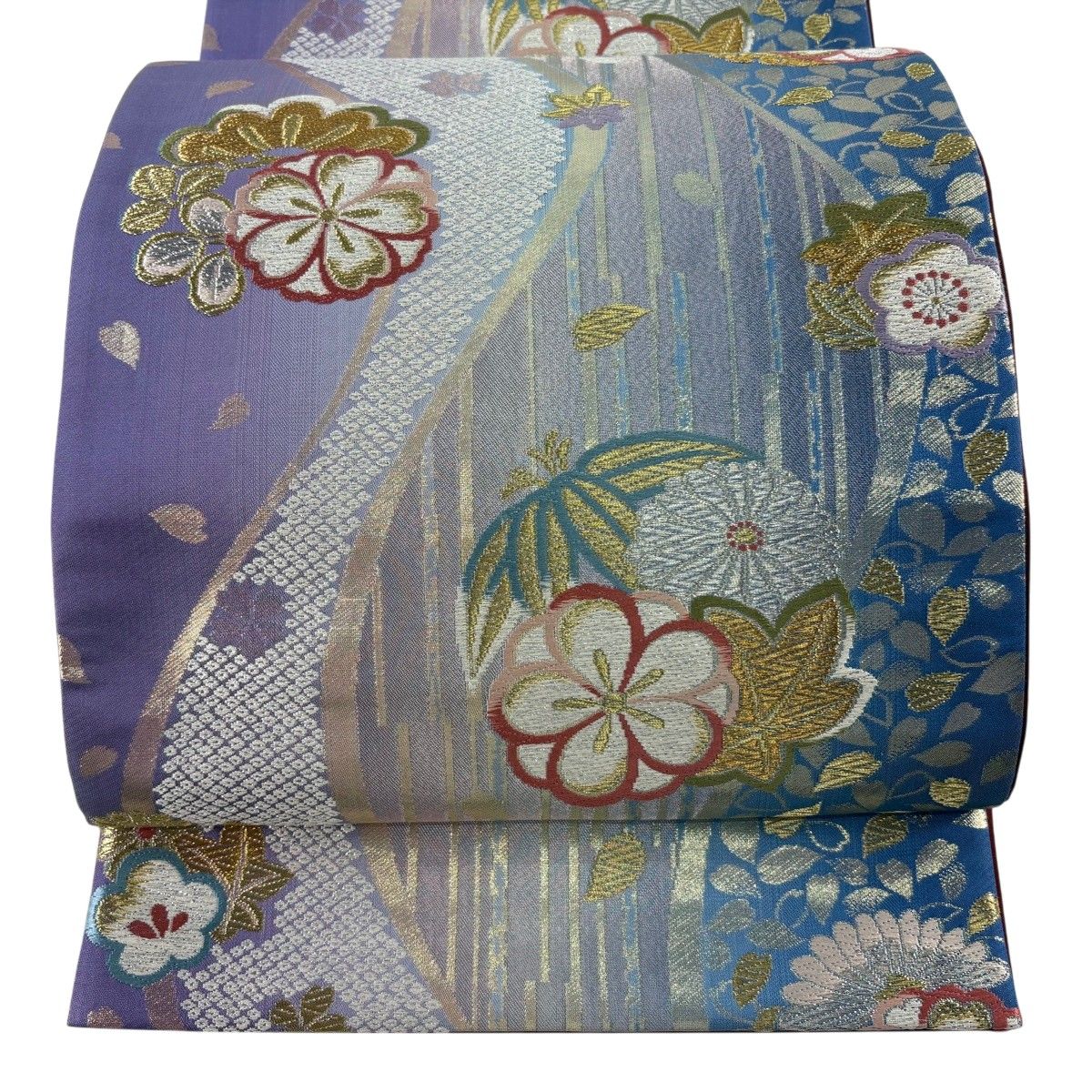 【美品】 袋帯 秀品 振袖向き 立涌四季花文 箔 金銀糸 薄紫 六通 正絹 【中古】