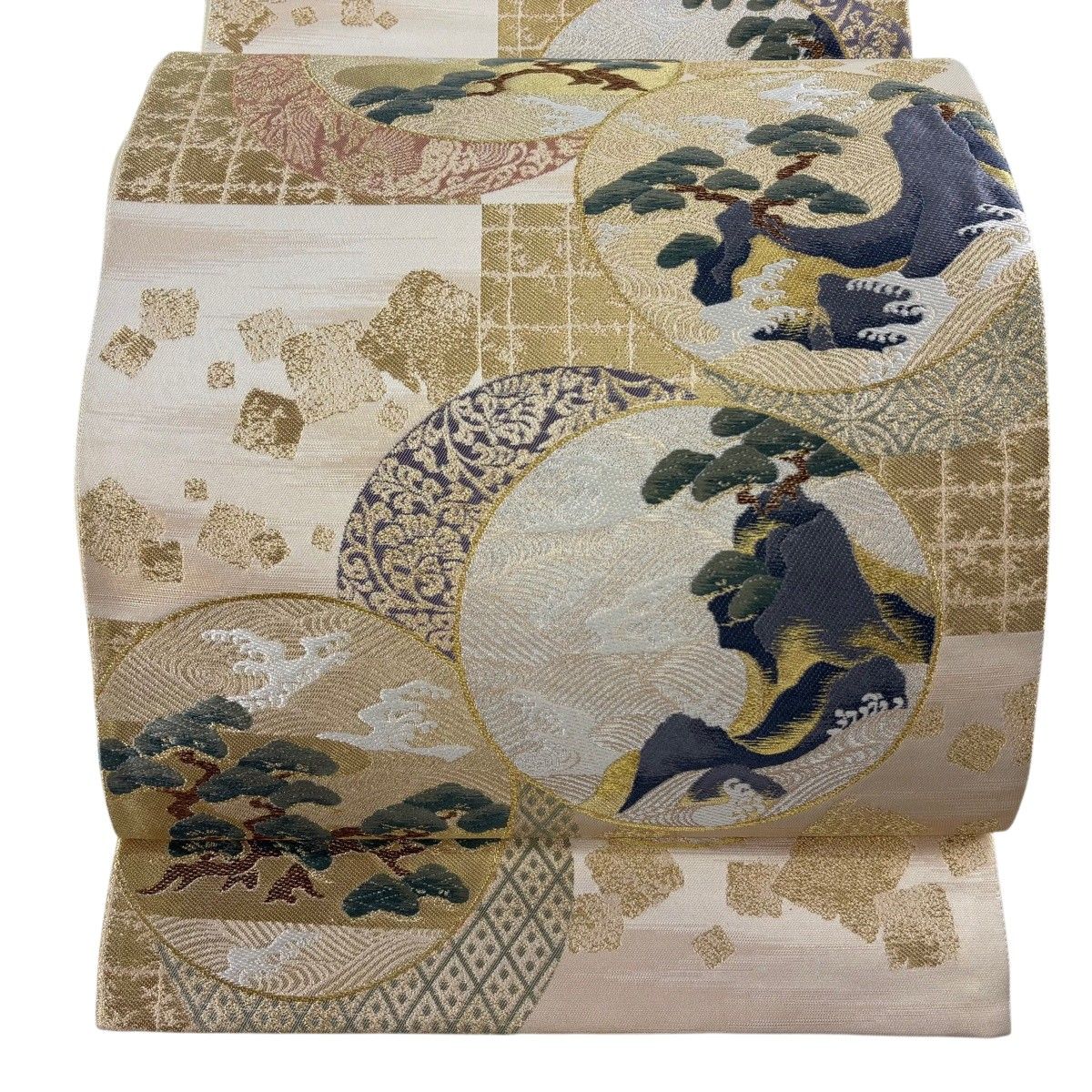 【美品】 袋帯 秀品 松 波頭 金銀糸 箔 ベージュ 六通 正絹 【中古】