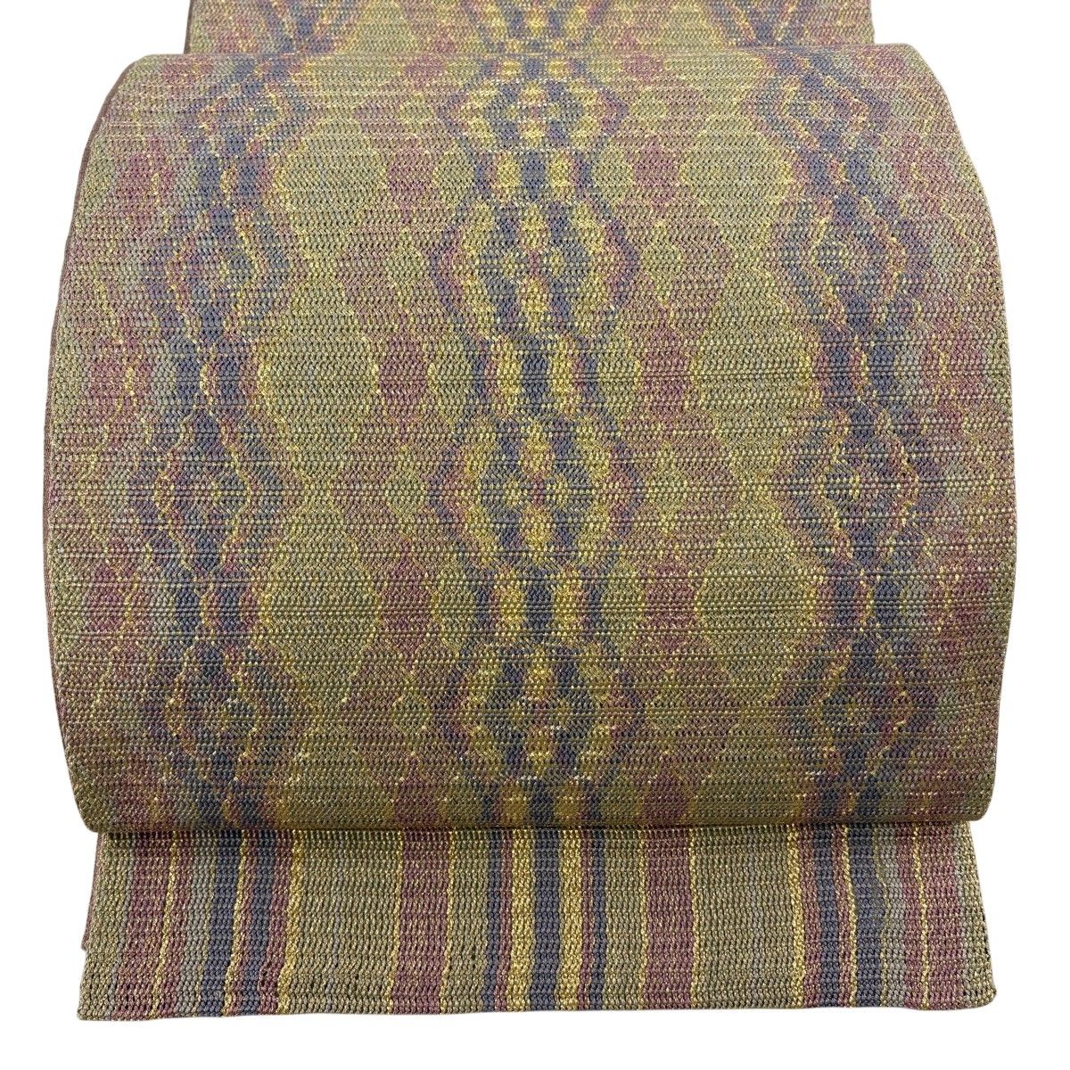 【美品】 袋帯 秀品 縞 幾何学模様 金糸 薄緑 お太鼓柄 正絹 【中古】