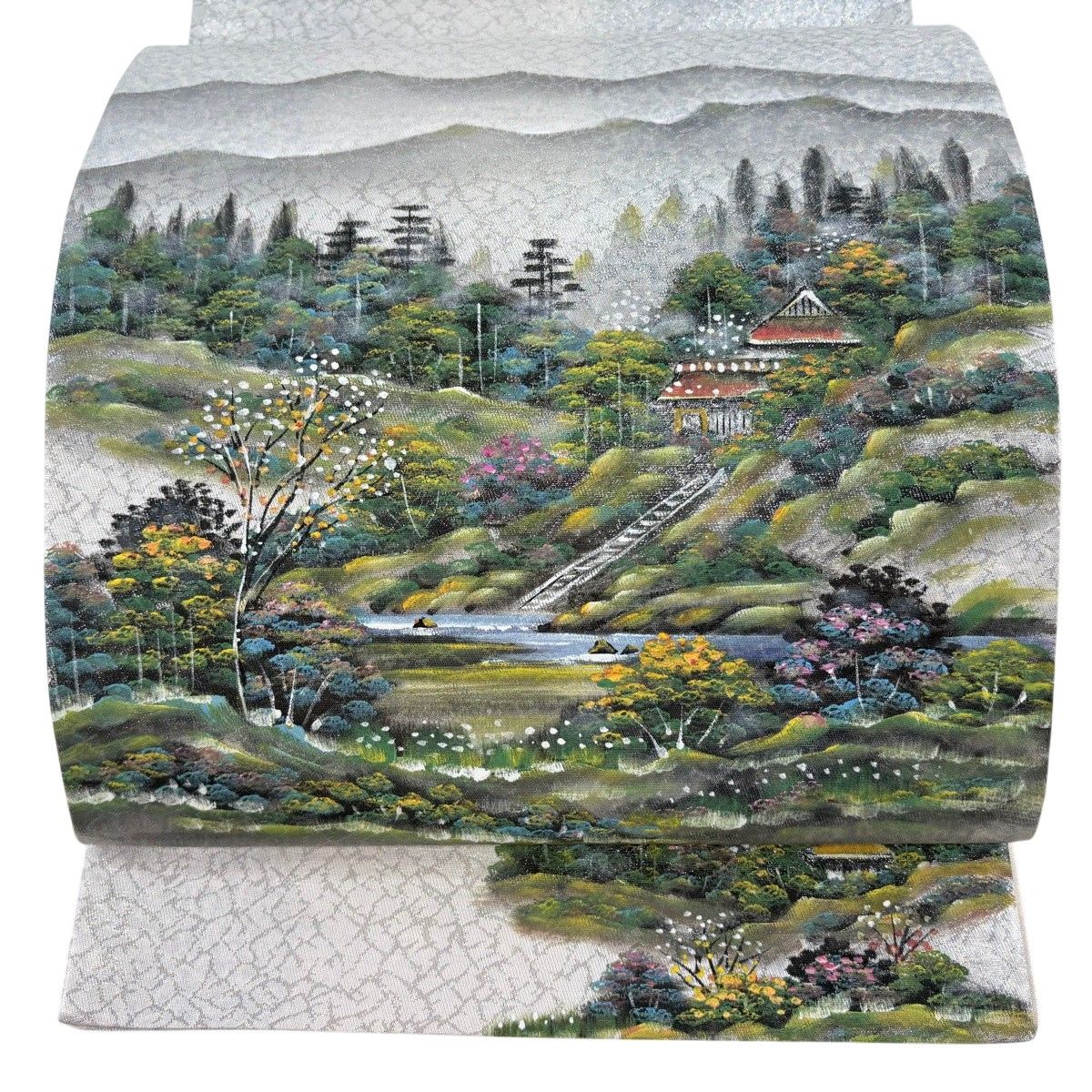 【美品】 袋帯 秀品 落款 風景 箔 銀色 お太鼓柄 正絹 【中古】