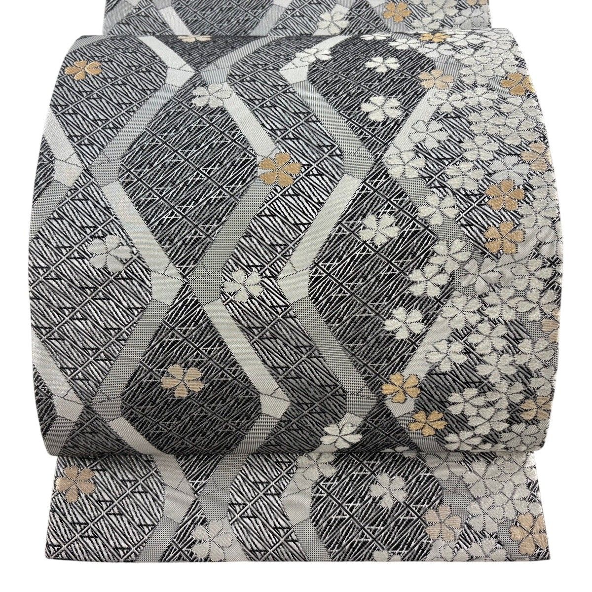 【美品】 袋帯 秀品 斉藤三才 落款 桜 幾何学模様 金銀糸 黒灰 全通 正絹 【中古】