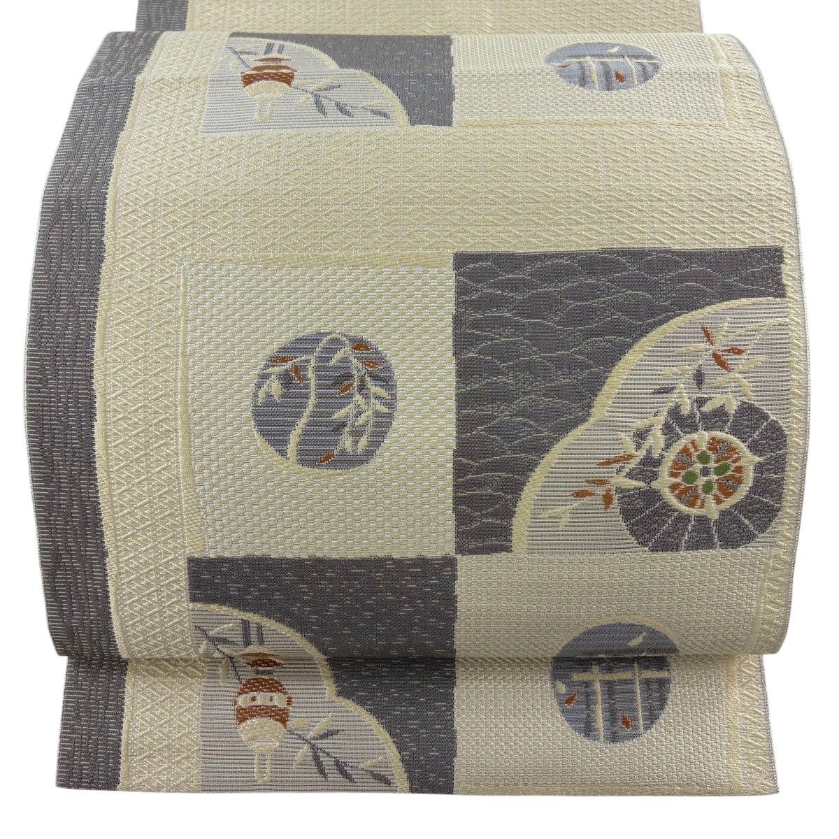 【美品】 名古屋帯 秀品 八寸名古屋帯 松葉仕立て 番傘 提灯 ベージュ 正絹 【中古】