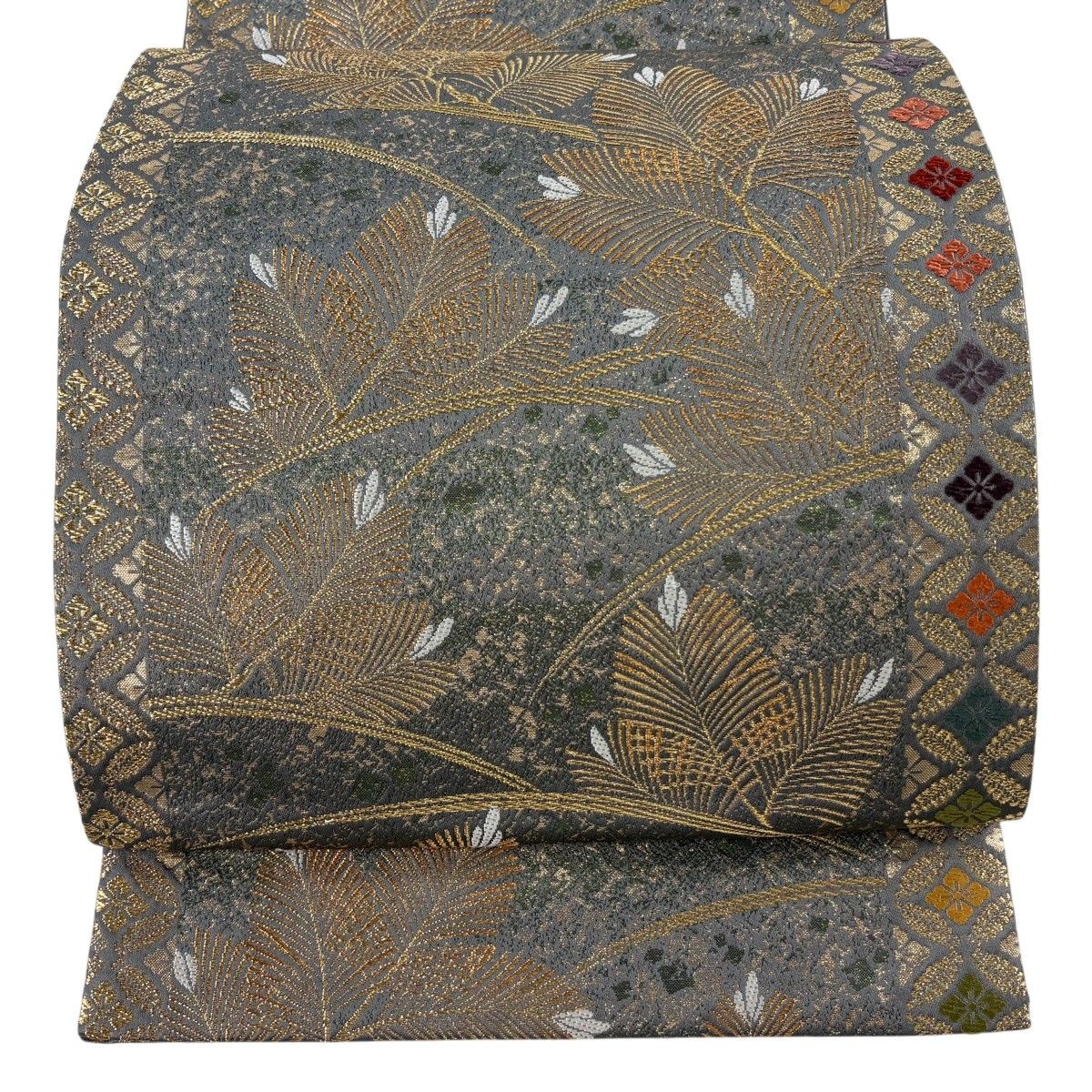 【美品】 袋帯 秀品 若松 花菱 金糸 箔 灰茶 六通 正絹 【中古】
