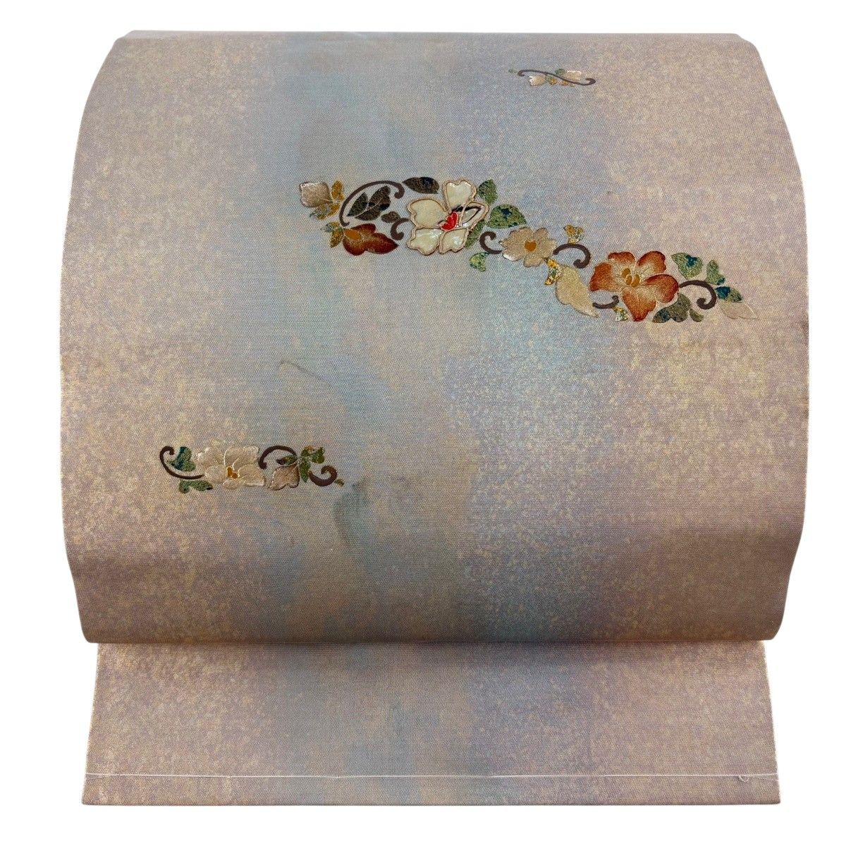 名古屋帯 秀品 関西仕立て 花唐草 螺鈿 箔 青緑 正絹 【中古】