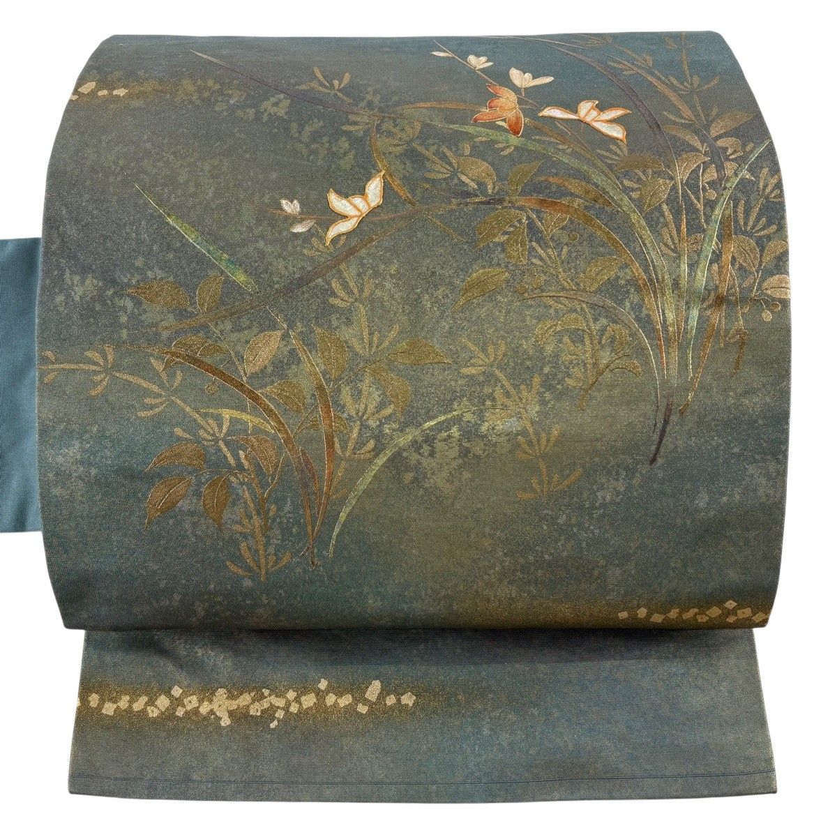 名古屋帯 秀品 関西仕立て 草花 箔散らし 螺鈿 金彩 青緑 正絹 【中古】