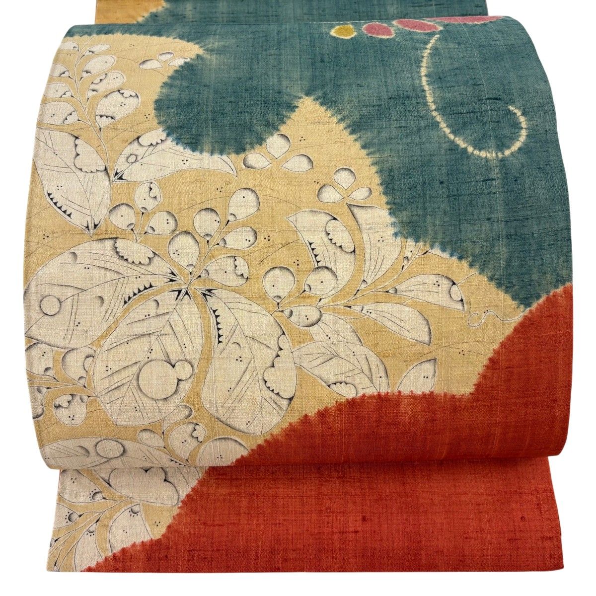 【美品】 袋帯 秀品 紬地 草花 絞り ベージュ お太鼓柄 正絹 【中古】 6,600円