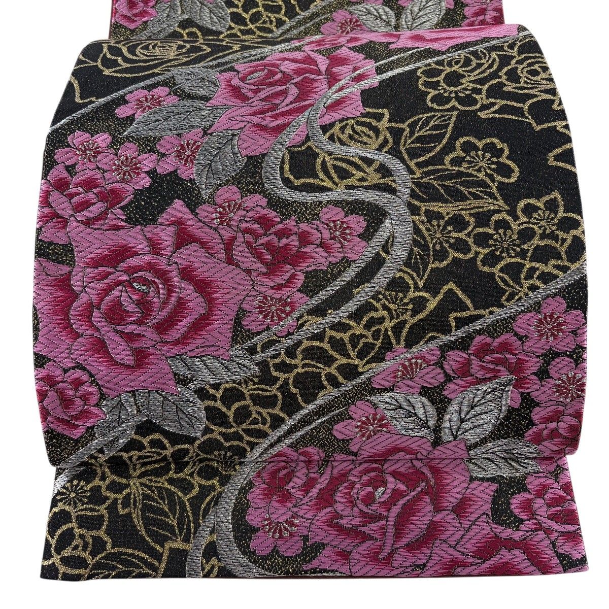【美品】 袋帯 秀品 薔薇 流水 唐織 金銀糸 黒 六通 正絹 【中古】