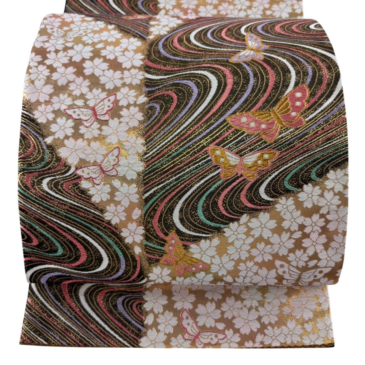 【美品】 袋帯 秀品 蝶 桜 箔 金糸 焦茶色 六通 正絹 【中古】