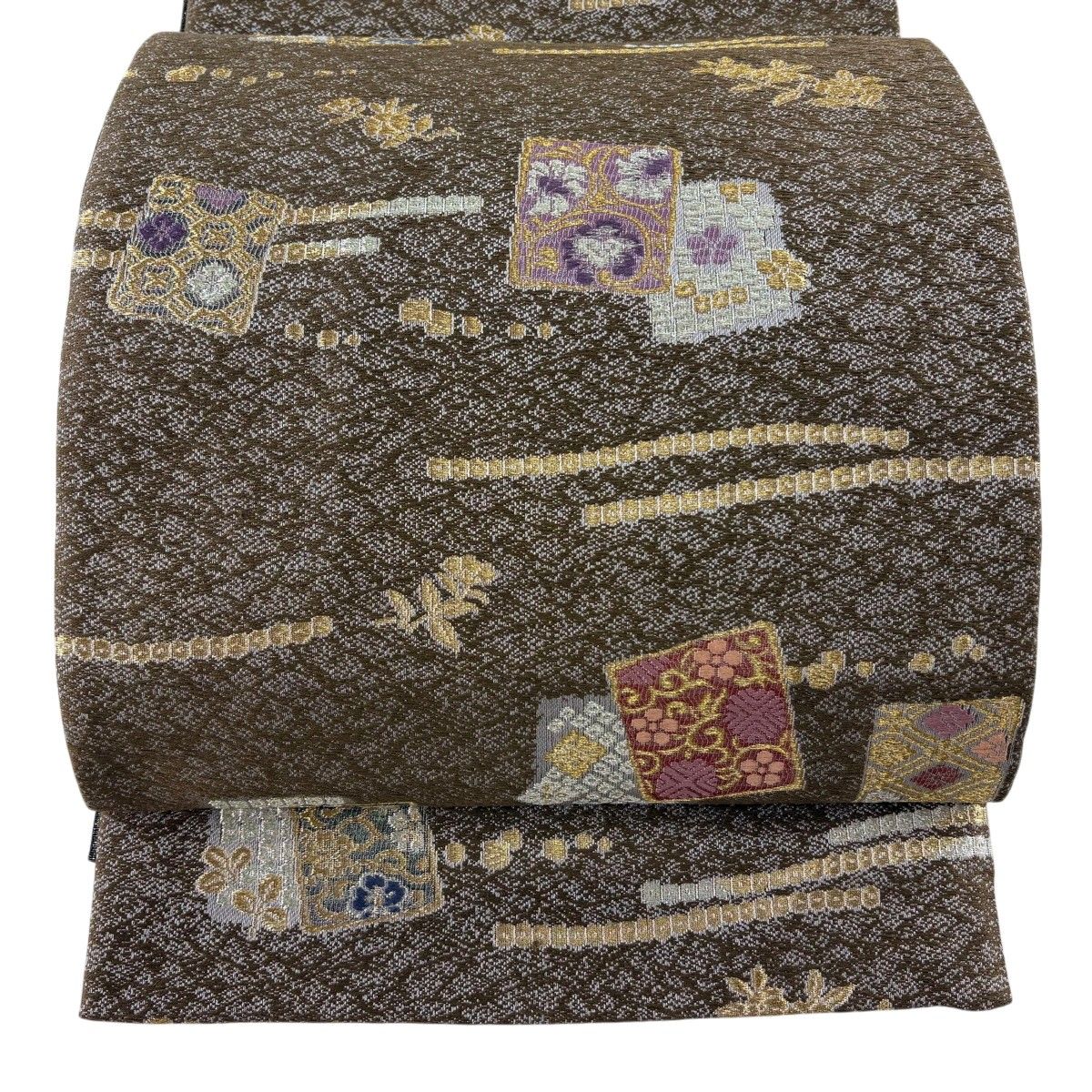 【美品】 袋帯 秀品 色紙 笹蔓 金銀糸 箔 茶色 六通 正絹 【中古】