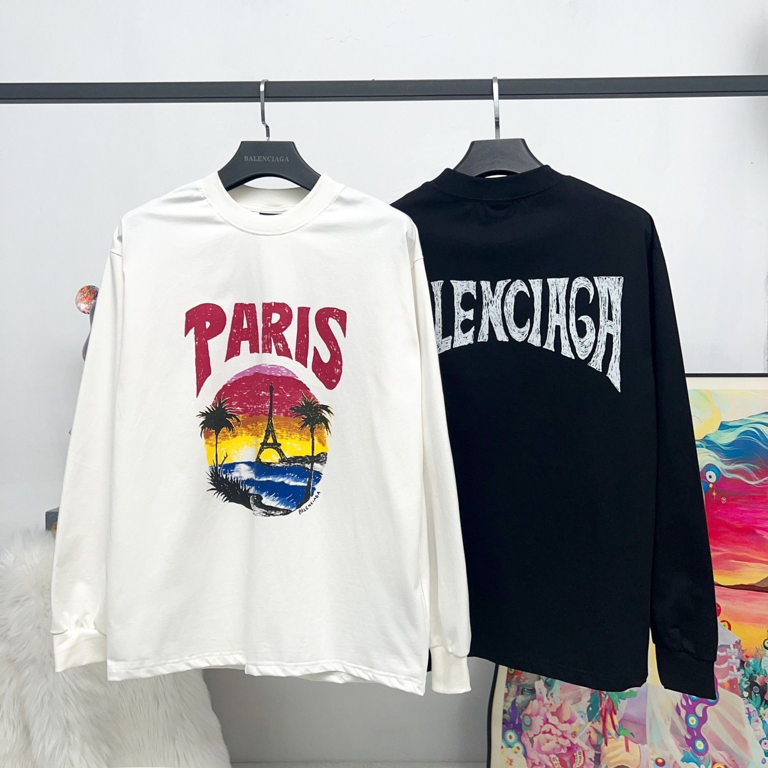 【本日限定特価】BALENCIAGA メンズ＆レディース ロングスリーブ Tシャツ ハワイアン パームツリー プリント ベージュ/ブラック XS-L [本日特価|新品未使用品]-WTO輸入1