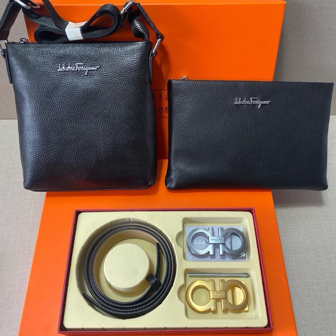 [本日特価] フェラガモ Ferragamo 高級レザー ベルト＆バッグ スーパーセット（ギフトボックス付き）[本日特価|新品未使用品]