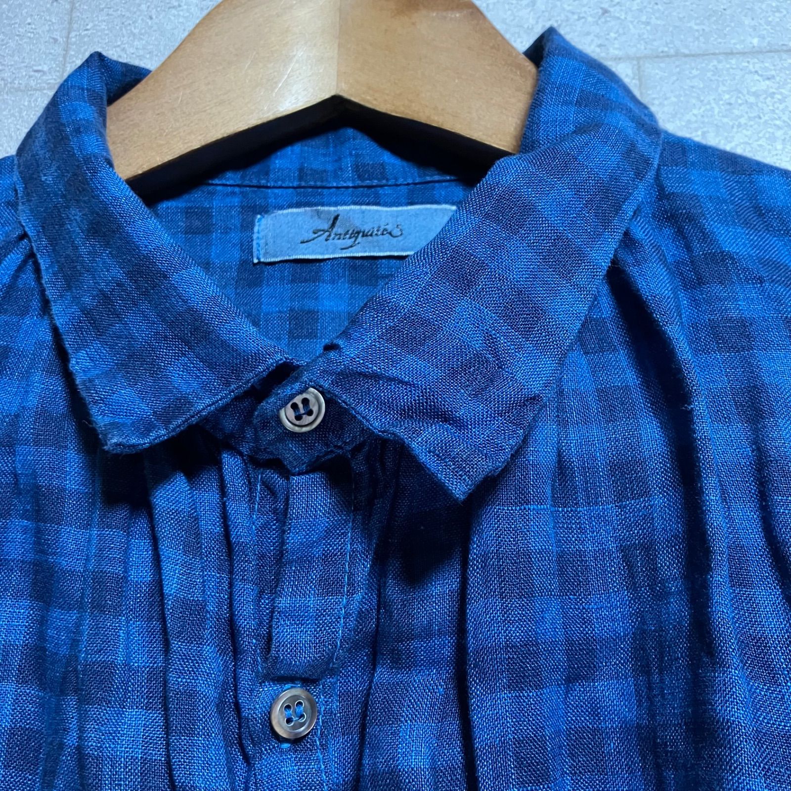 ICHI Antiquites インディゴ ギンガムチェック リネン シャツ