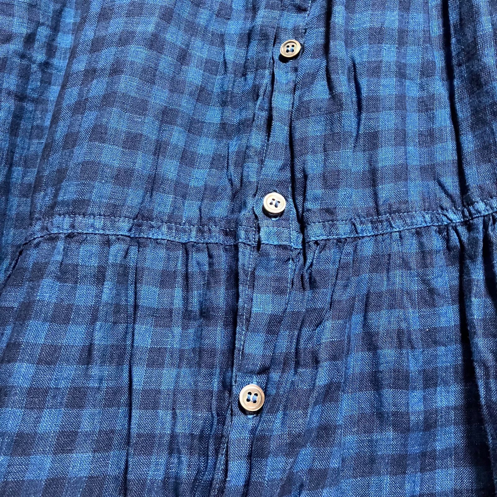 ICHI Antiquites インディゴ ギンガムチェック リネン シャツ
