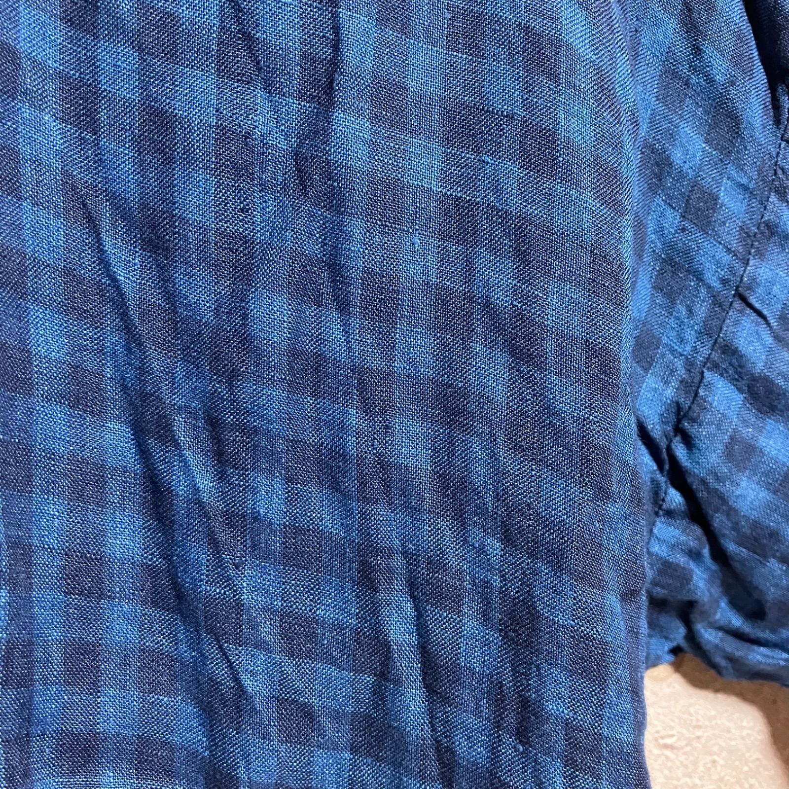 ICHI Antiquites インディゴ ギンガムチェック リネン シャツ
