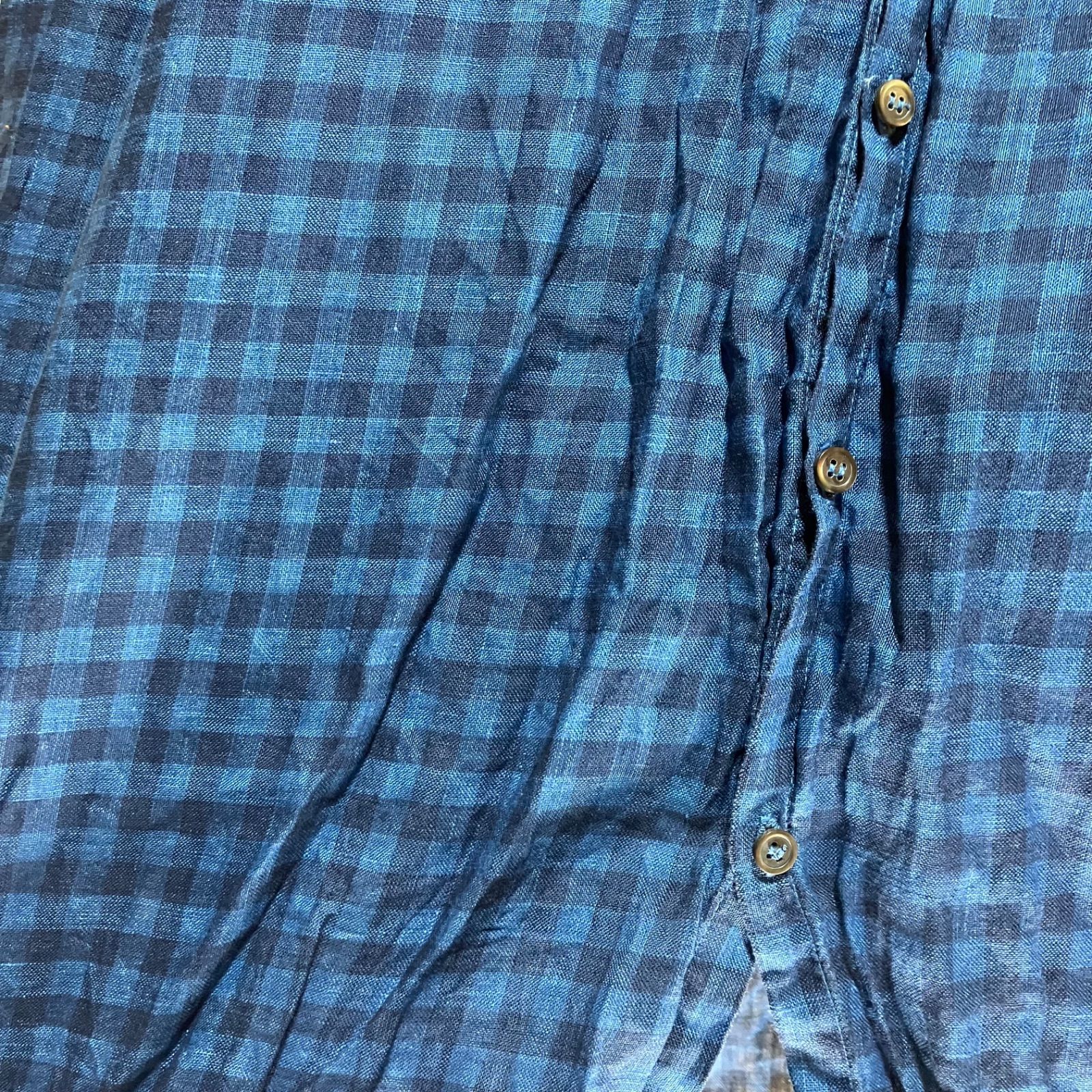 ICHI Antiquites インディゴ ギンガムチェック リネン シャツ