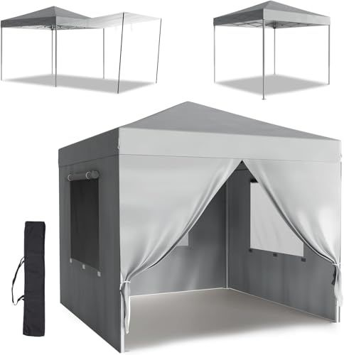 Euker ワンタッチタープテント 3mx3m キャノピーポール付き 3段階調節 UVカット 日よけ 高耐水 組立簡単 天幕/サイドシート4枚付 キャンプ テント アウトドア グレー
