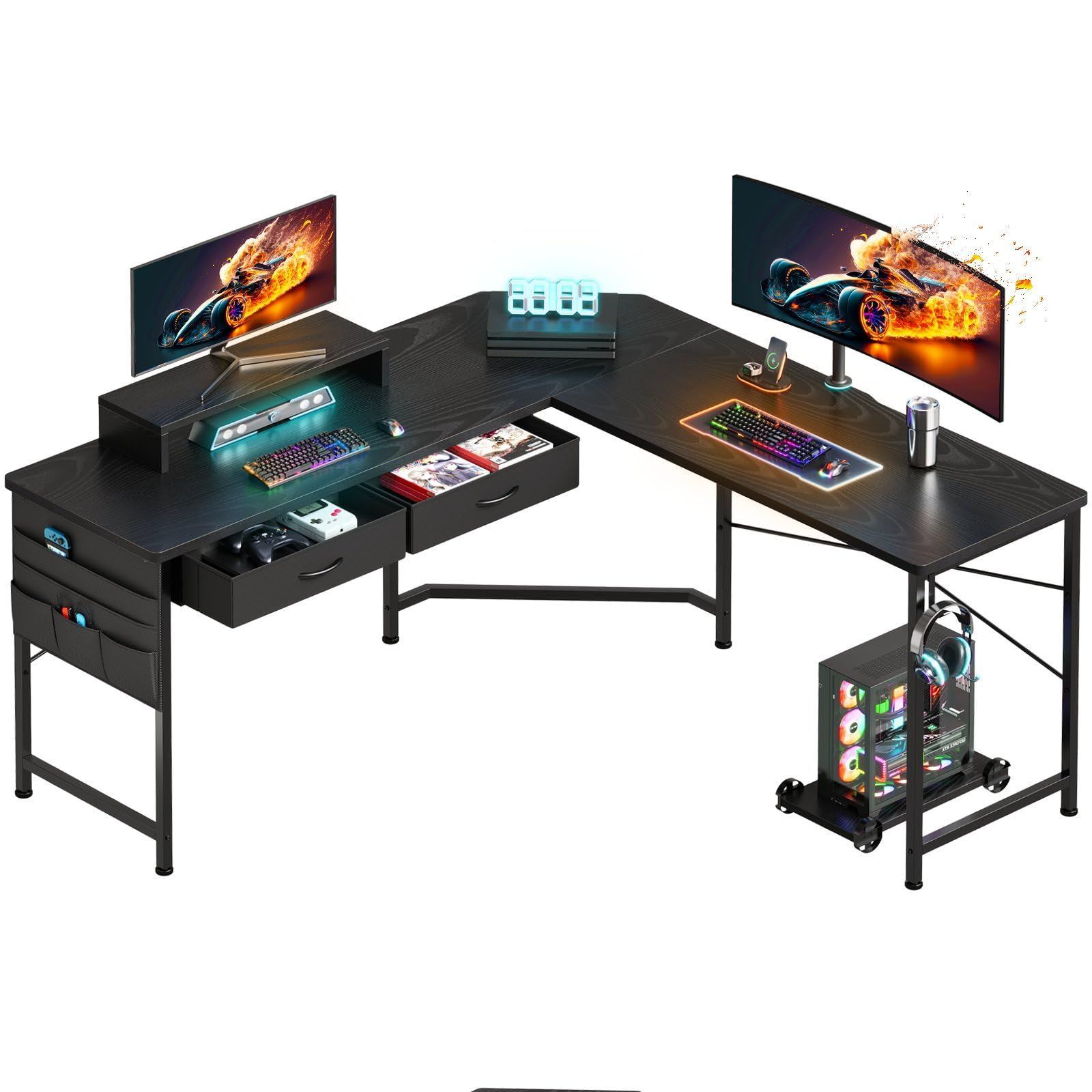 YeTom ゲーミングデスク125cm x 125cm l字デスク pcデスク収納袋付き学習机 作業机引き出し付きデスク L字型 PC 勉強机 作業 在宅勤務 黑い