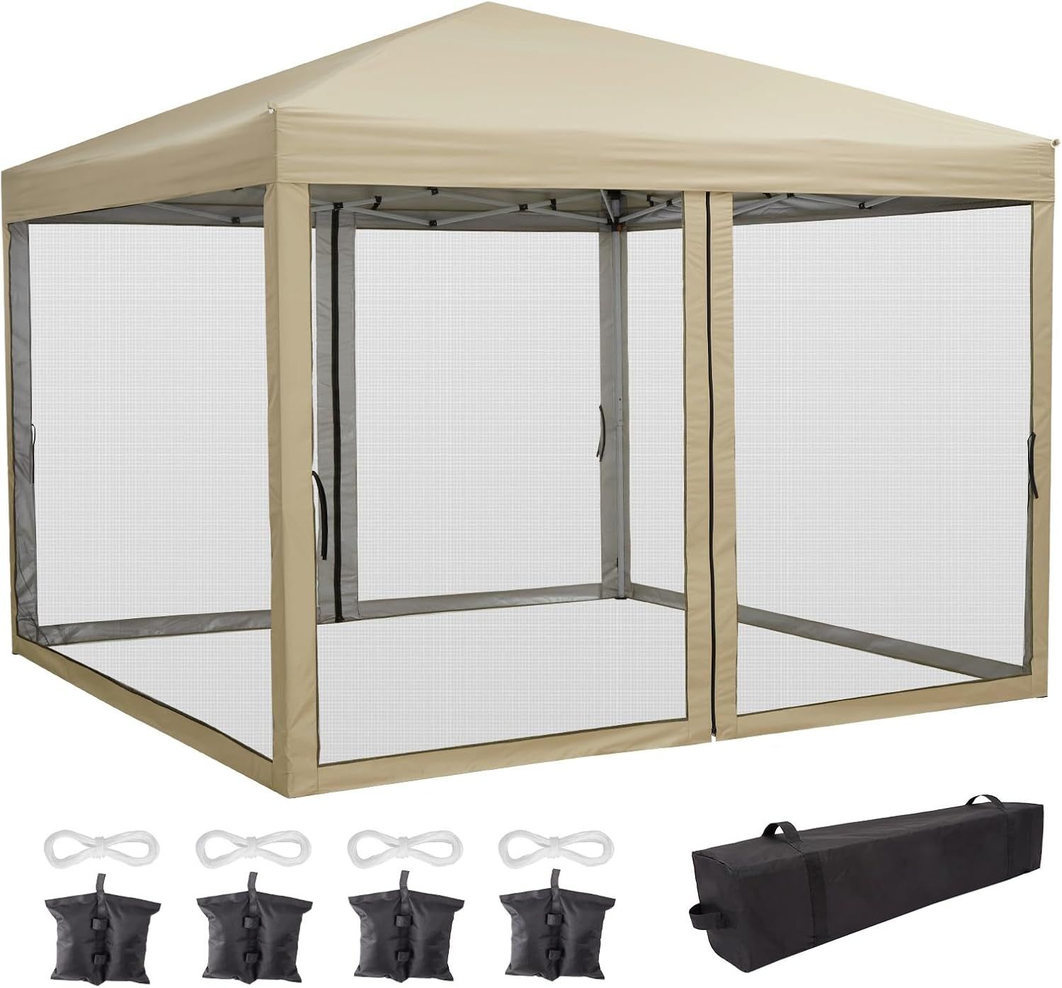 ガービー Garvee ワンタッチタープテント 3x3m 蚊帳付き UVカット 高耐水 組立簡単 大型 キャンプ アウトドア カーキ【3mx3m カーキ 蚊帳テント】