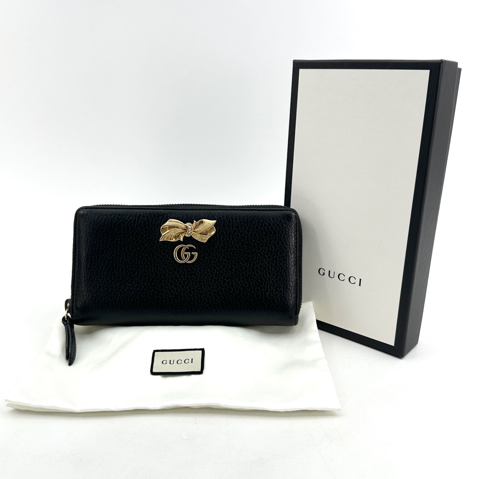 極美品 グッチ GGマーモント リボン ラウンドファスナー 長財布 黒 GUCCI