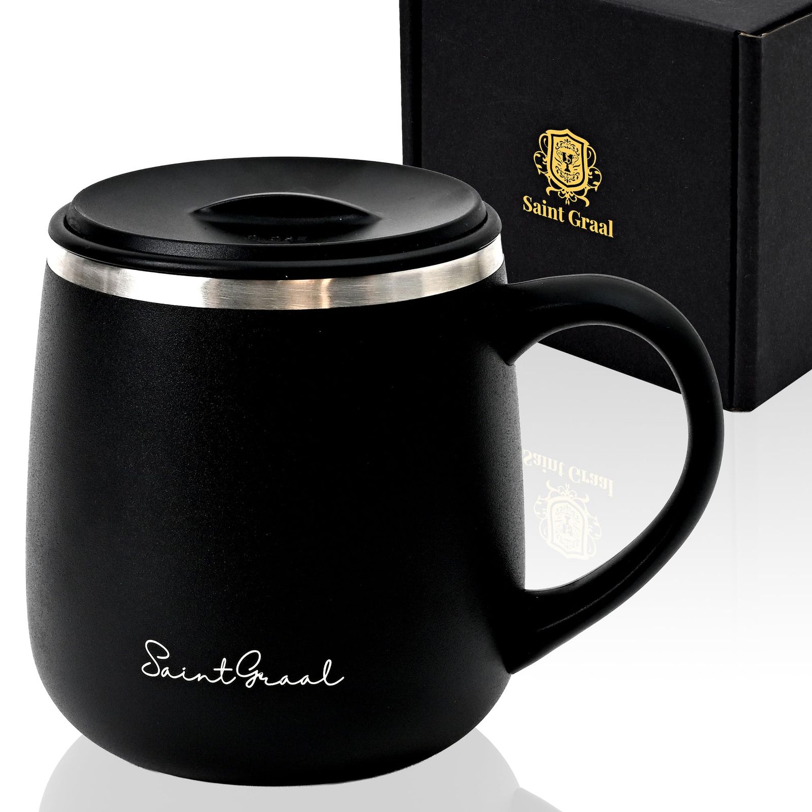 【新品】SaintGraal(セイントグレイル) マグカップ タンブラー 真空断熱 蓋付き 保温 保冷 ステンレス マグ コップ クリスマスプレゼント 父の日 ギフト コーヒーカップ 320ml (ブラック) 76c20e86