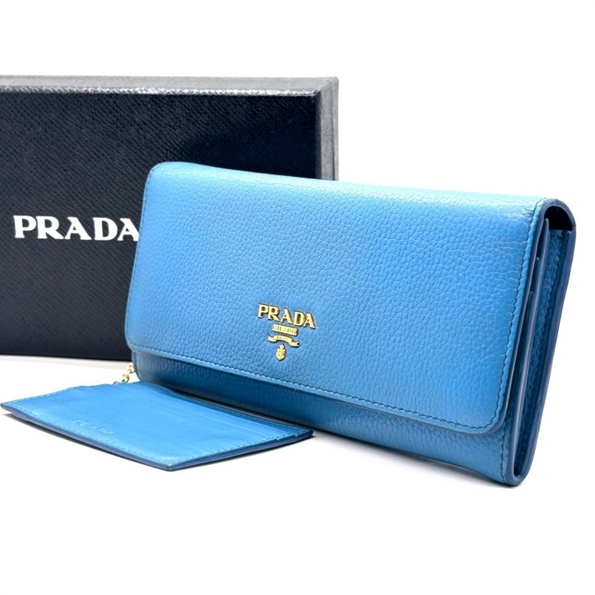 【青に宿る余裕】　PRADA　長財布 ゴールド金具 シボ革 カードケース付き バイカラー 10カード フラップ　ブルー