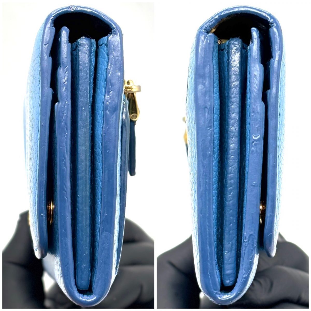 青に宿る余裕】 PRADA 長財布 ゴールド金具 シボ革 カードケース付き 