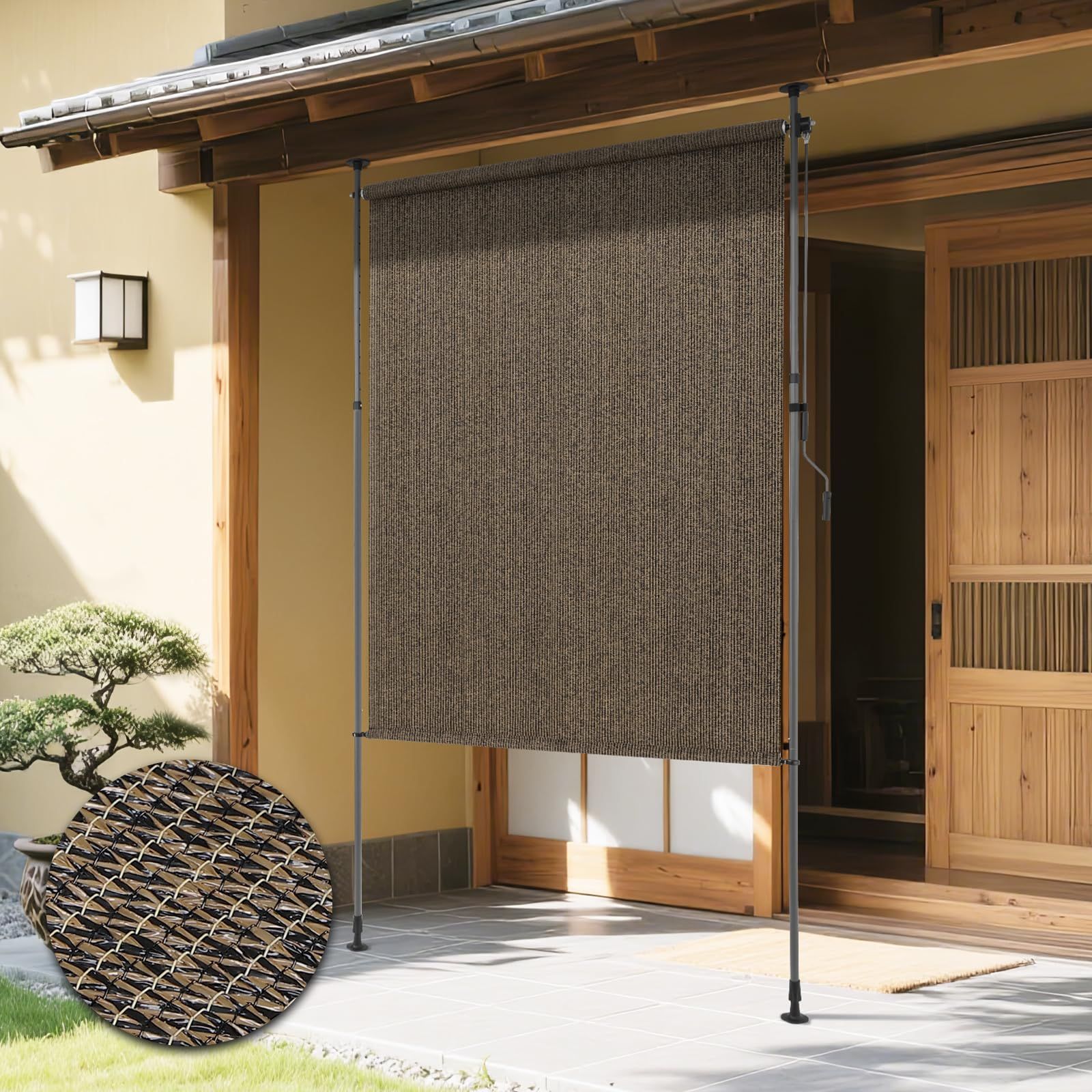 KELIXU 突っ張り式サンシェード 縦型 オーニングシェード 日除け 屋外 幅150cm 遮光率約90％ 風通し良好 ひよけ 目隠し 巻き取り式 高さ調節可能 断熱 遮光シート 取り付け簡単 穴あけ不要 日本語説明書付き 庭 ベランダ (モカ色)送料無料