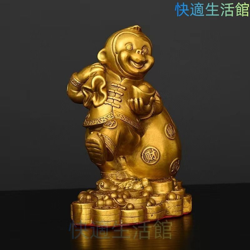 猿 置物 金色 縁起物 猿 サル 置物 オブジェ 金袋 招財 金色 ゴールド 黄金 銅製 インテリア