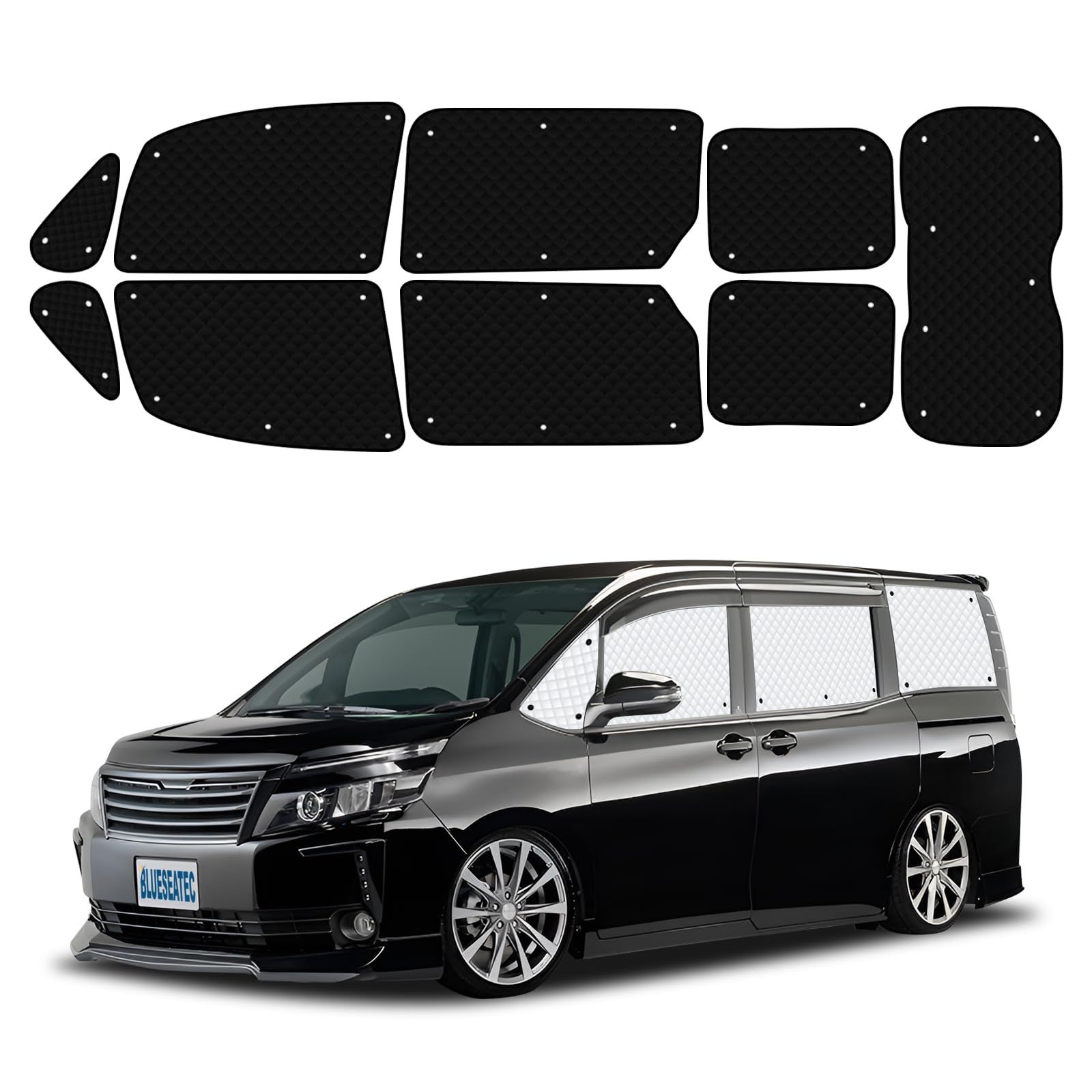新品 BLUESEATEC トヨタ ヴォクシー ノア 80系 遮光 カーテン 露天駐車 断熱 着脱簡単 NOAH VOXY H26.1-R4.1 吸盤設計 車種専用設計 車中泊 収納袋付き 日除け 9枚 セット