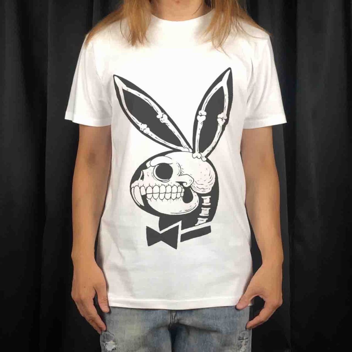 オリジナル Tシャツ ビッグ プリント PLAY BOY プレイボーイ ウサギ ドクロ スカル 動物 骸骨 Tシャツ S M L XL タイト ジャスト 大きい ビッグ オーバーサイズ メンズ レディース ユニセックス ピンククリーム