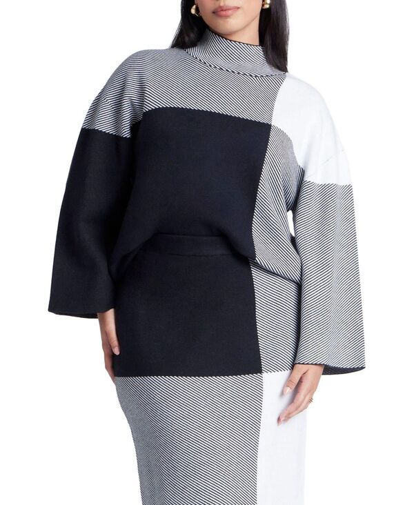 エロクイ レディース アウター ニット・セーター モックネック プラスサイズ セーター ELOQUII Plus Size Mock Neck Intarsia Sweater Plaid pleas