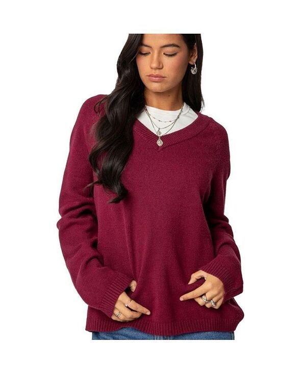 アディクテッド レディース アウター ニット・セーター Vネック セーター Edikted Womens Martha Oversized V Neck Sweater Burgundy バーガンディ