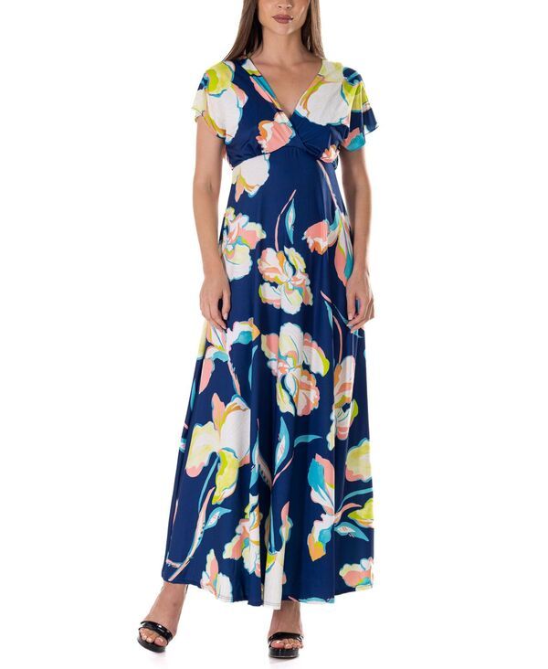 24 セブンコンフォート レディース トップス ワンピース Vネック マキシワンピース プリント キャップ エンパイア マキシ 24seven Comfort Apparel Print V Neck