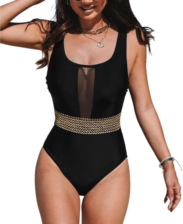 カップシー レディース 水着 上下セット メッシュ CUPSHE Womens Mesh Tummy Control Back Crisscross One Piece Swimsuit Black
