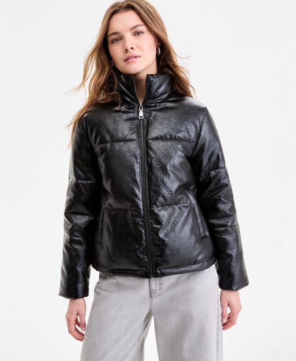スティーブ マデン レディース アウター ジャケット・ブルゾン コート レザー Steve Madden Womens Textured FauxLeather Puffer Coat Black S