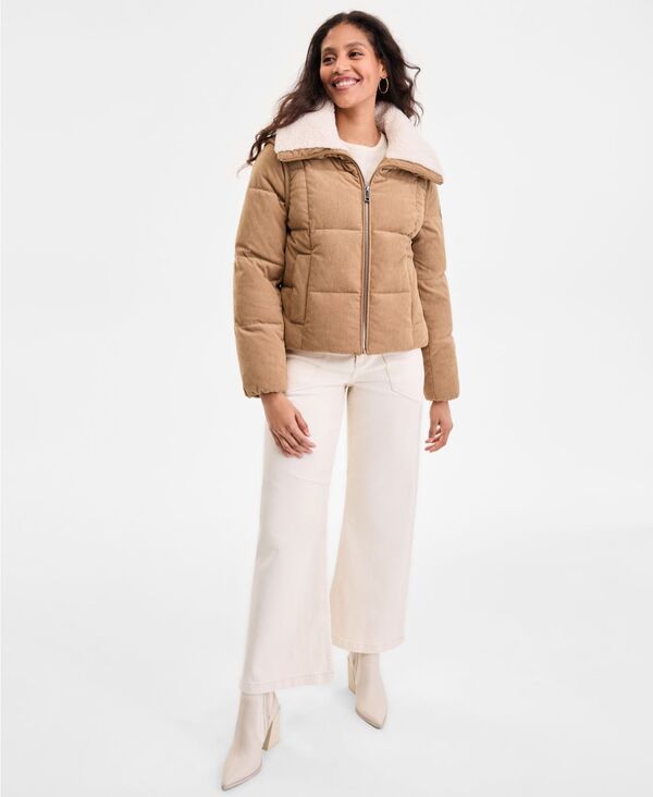 ビーシビージー レディース アウター ジャケット・ブルゾン コーデュロイ コート BCBG Womens Corduroy Puffer Coat Khaki カーキ