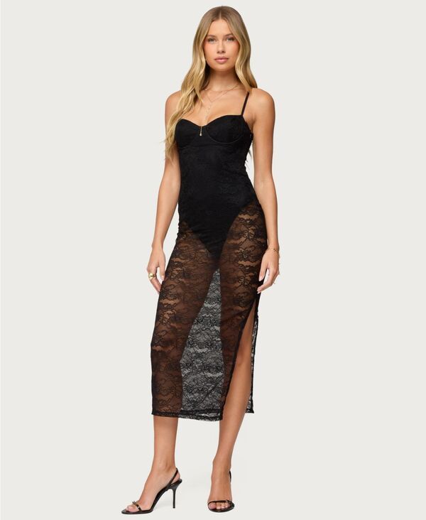 アディクテッド レディース トップス ワンピース ミディ シアー ボディースーツ レース Edikted Womensheer Lace Built In Bodysuit Midi Dress Bl