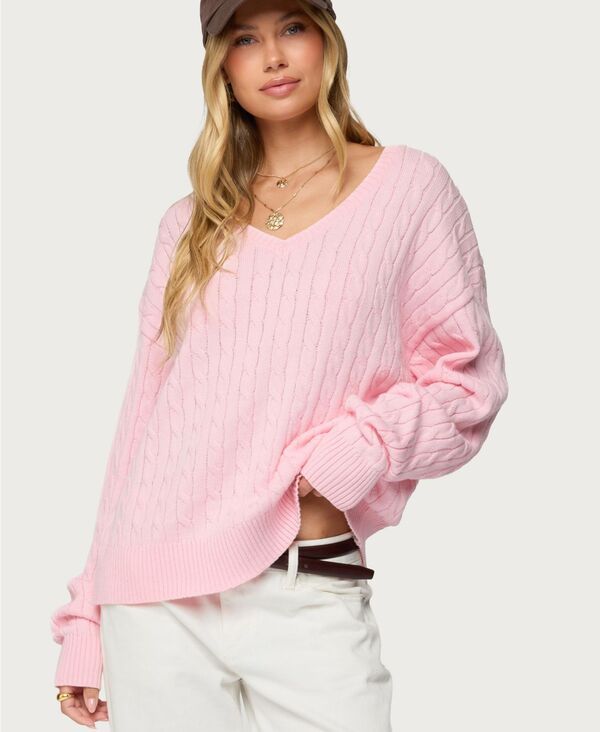 アディクテッド レディース アウター ニット・セーター Vネック Edikted Womens Polly V Neck Cable Knit Sweater Lightpink ピンク