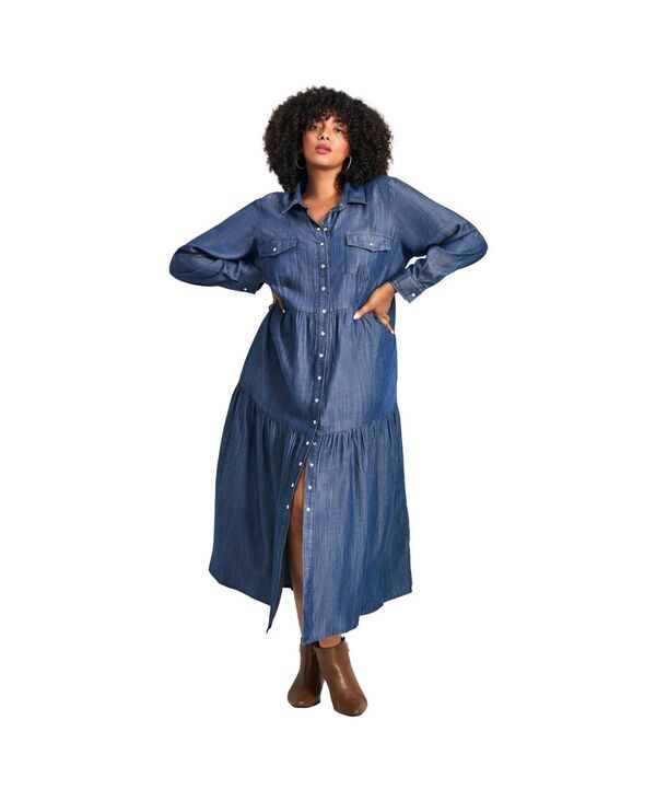 アベニュー レディース トップス ワンピース ティアード プラスサイズ シャツ デニム AVENUE Womens Plusize Denim Tiered Shirtdress Dark wash