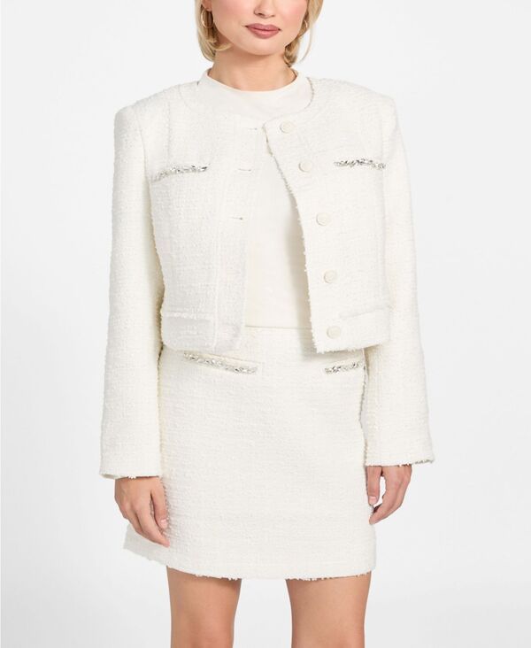 ゲス レディース アウター ジャケット・ブルゾン ツイード クロップド GUESS Womens Clotilde Tweed Cropped Jacket CREAM WHITE ホワイト