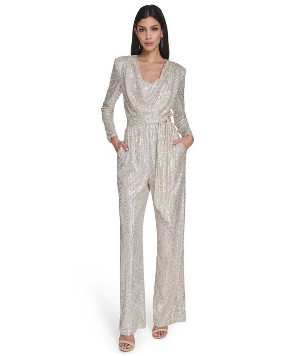 エリザジェイ レディース ボトムス カジュアルパンツ スパンコール ジャンプスーツ 長袖 Eliza J Womens LongSleeve SocialSequin Jumpsuit Silver