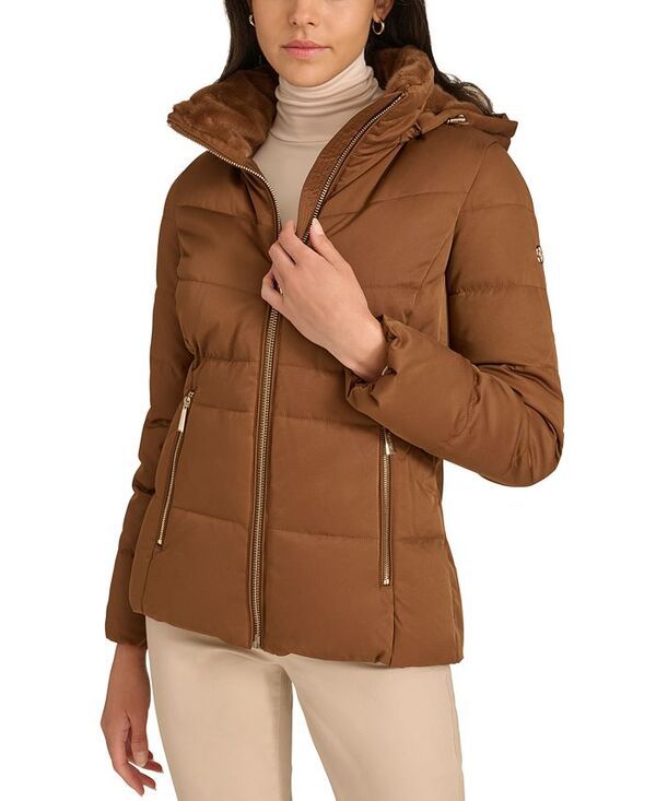 カルバンクライン レディース アウター ジャケット・ブルゾン コート Calvin Klein Womens FauxFurLined Hooded Puffer Coat Chestnut