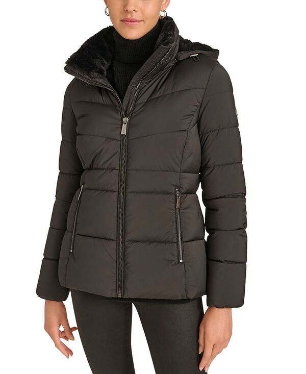 カルバンクライン レディース アウター ジャケット・ブルゾン コート Calvin Klein Womens FauxFurLined Hooded Puffer Coat Black ブラック