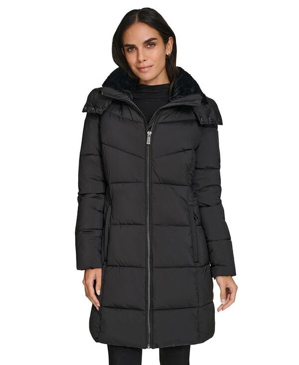 カルバンクライン レディース アウター ジャケット・ブルゾン ミディ コート Calvin Klein Womens Hooded FauxFurLined Midi Puffer Coat Blac