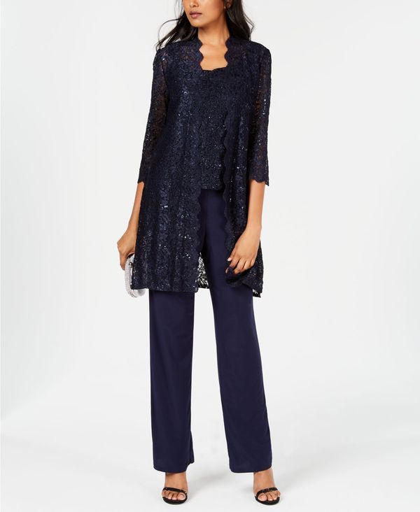 アールアンドエムリチャーズ レディース ボトムス カジュアルパンツ パンツ スパンコール レース ジャケット R M Richards 3Pc Sequined Lace Pantsuit Jacke
