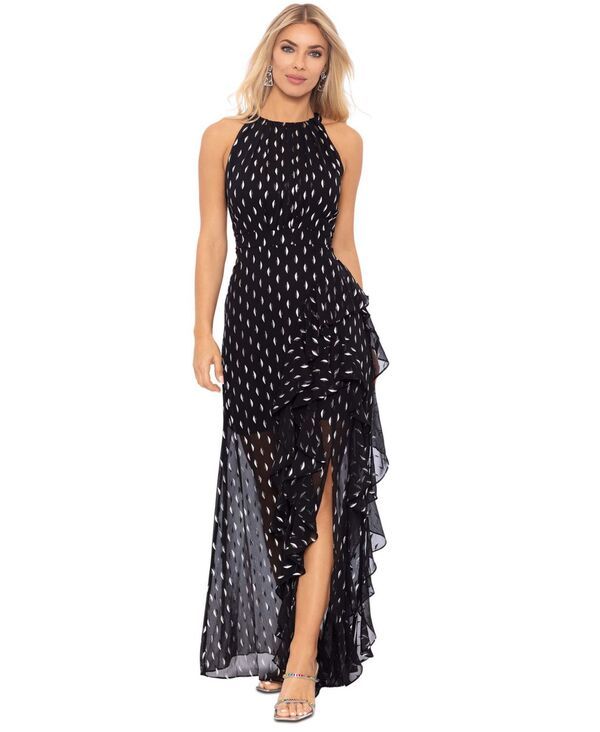 ベッツィアンドアダム レディース トップス ワンピース プチ プリント フリル ホルター Betsy Adam Petite Printed Ruffled Halter Gown BlackSilv