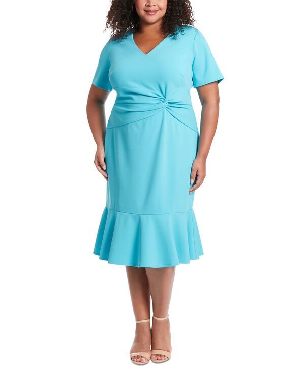 ロンドンタイムス レディース トップス ワンピース プラスサイズ London Times Plus Size TwistFront FlounceHem Dress Blue Atoll ブルー