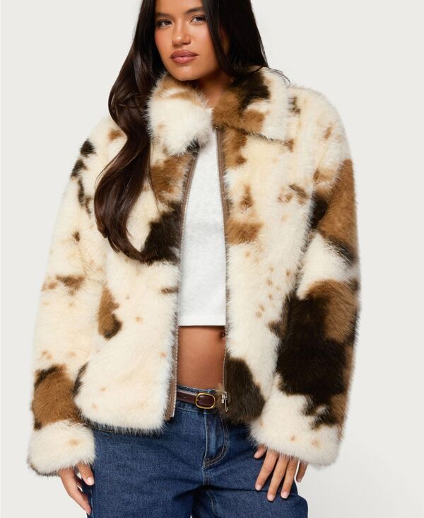 アディクテッド レディース アウター ジャケット・ブルゾン プリント Edikted Womens Rayan Cow Print Faux Fur Jacket Mix
