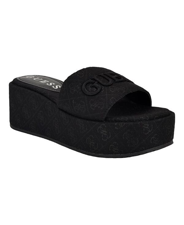 ゲス レディース シューズ サンダル プラットフォーム GUESS Womens Bintai Platform Single Band Slip On Sandal Black Logo ブラック